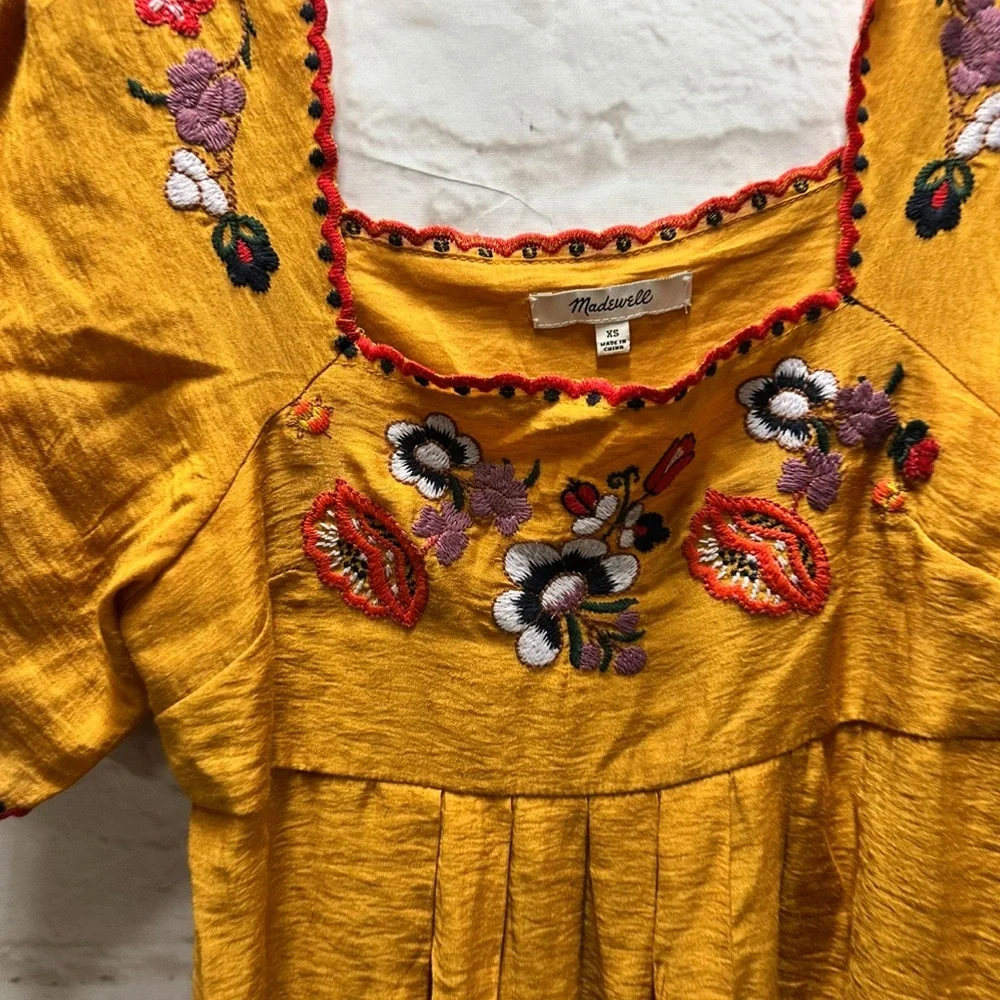 Madewell Embroidered‎ Square Neck Dress Mustard Yellow XS